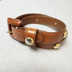 Joan & David Women’s Brown Calfskin Leather Belt Size M bronze tone studs EUC